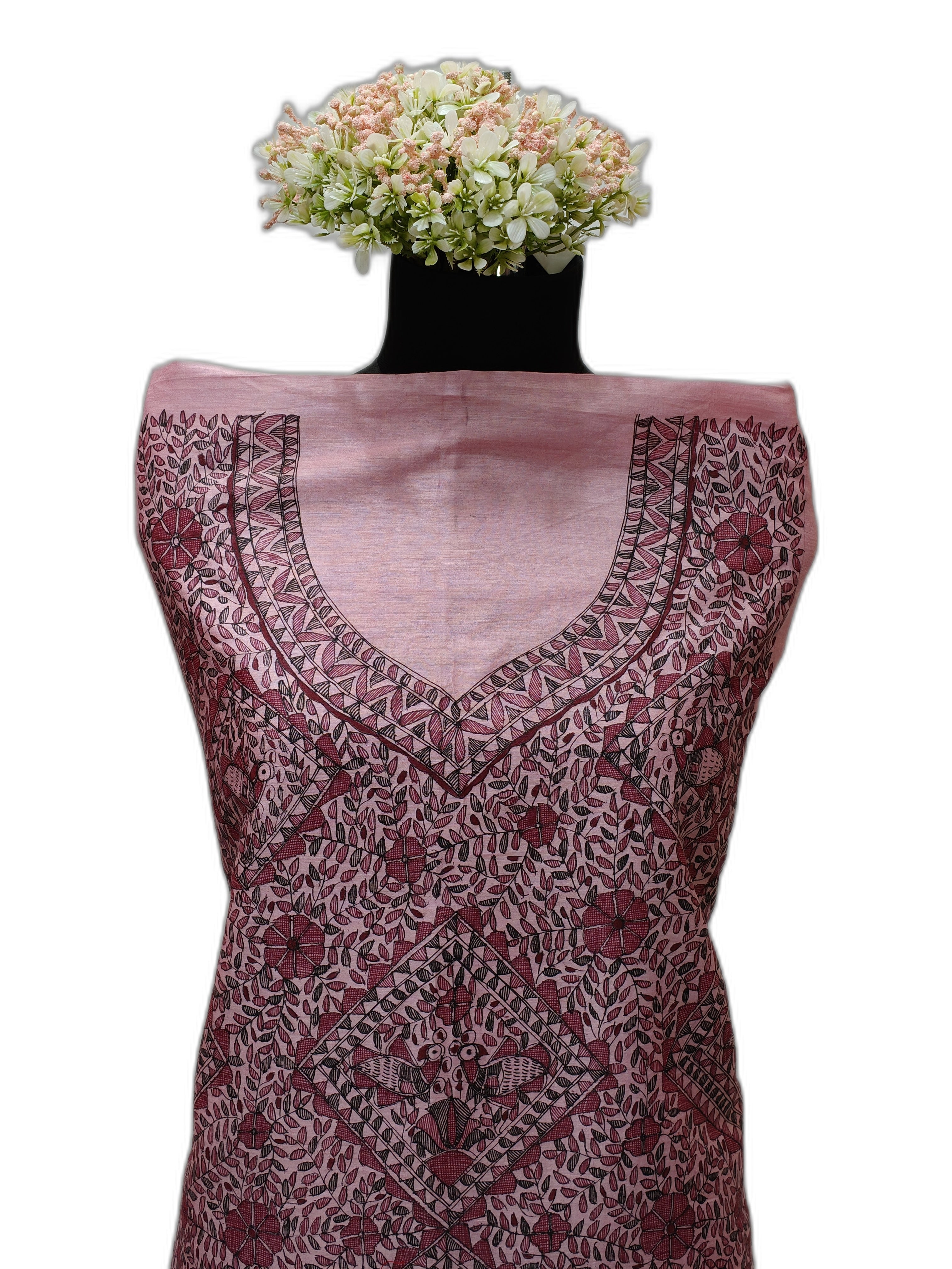 All Over Hand-Painted Unstitched Madhubani Kurti on Tussar Munga Silk – Pink
